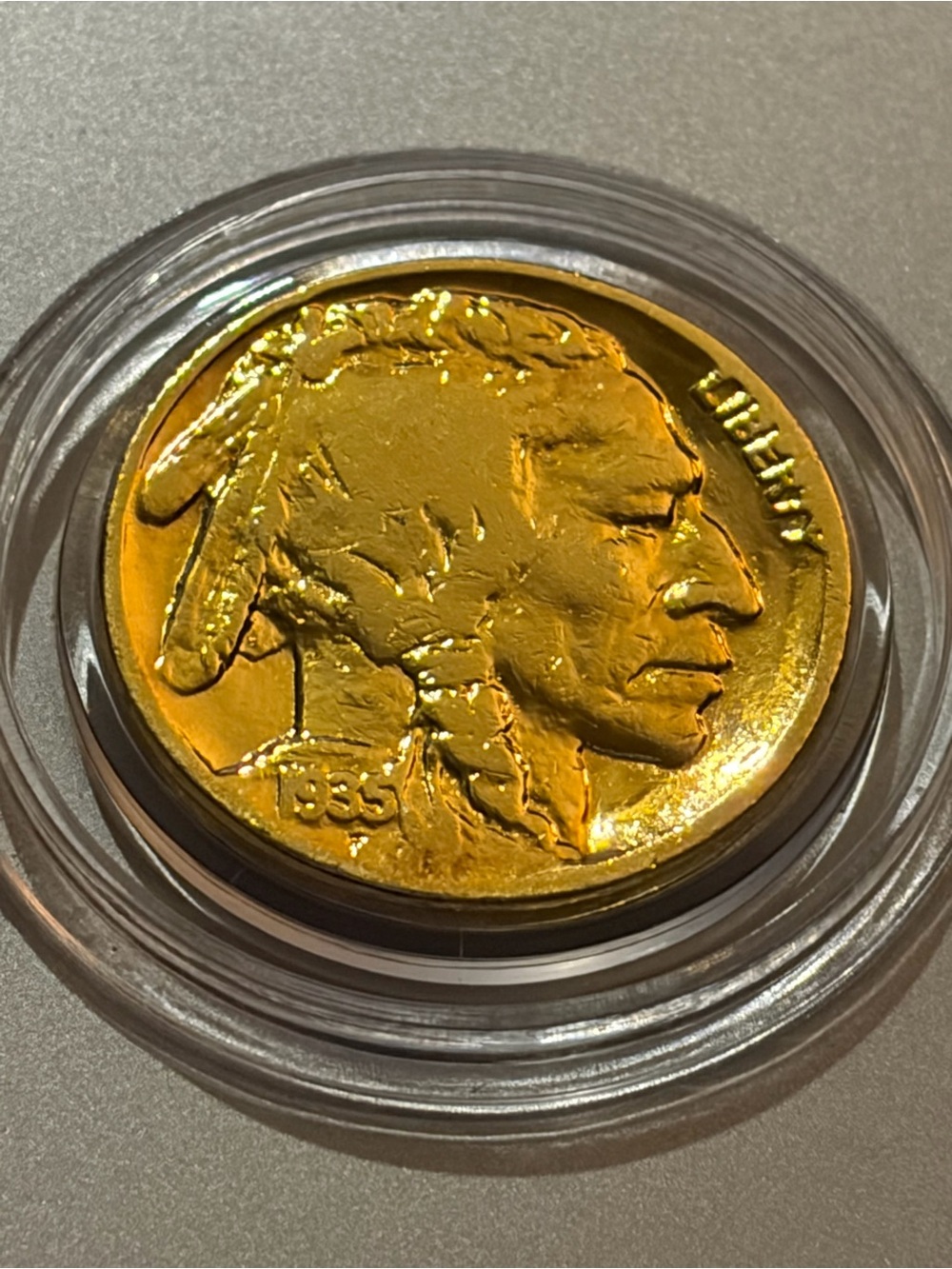 1935 Gold Buffalo Nickel in Clear Display Case